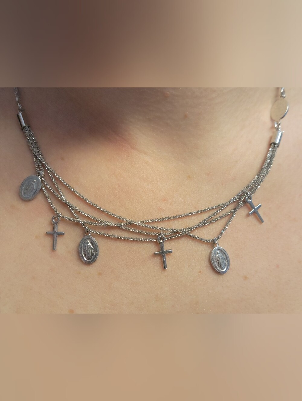Dyadema Italy .925 Sterling Silver Multi-Strand Religious Medals Necklace (11.29